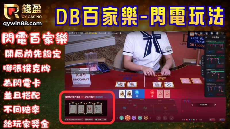 閃電百家樂
在百家樂遊戲一開始,系統會隨機從撲克牌中抽取1-5張閃電牌,並且隨機搭配更高的百家樂賠率(2倍-8倍),如果玩家投注方獲勝,並且手上撲克牌中有系統選出的閃電牌,即可獲得”投注金額×閃電百家樂賠率”的獎金。